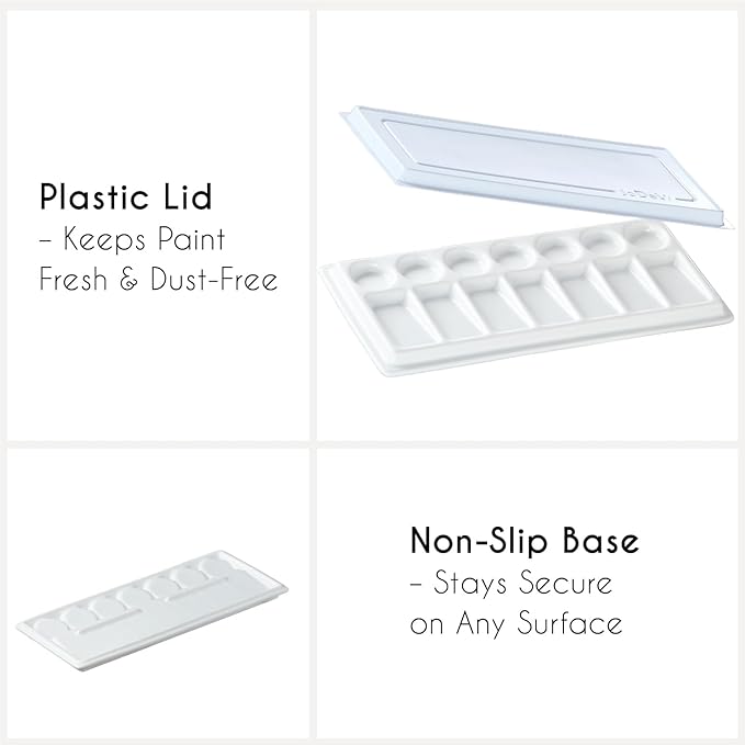 Rectangular Ceramic Paint Palette with Lid, 14-Well Porcelain Watercolor Mixing Tray for Acrylic, Oil & Gouache, Large Artist Watercolor Palette with Plastic Cover