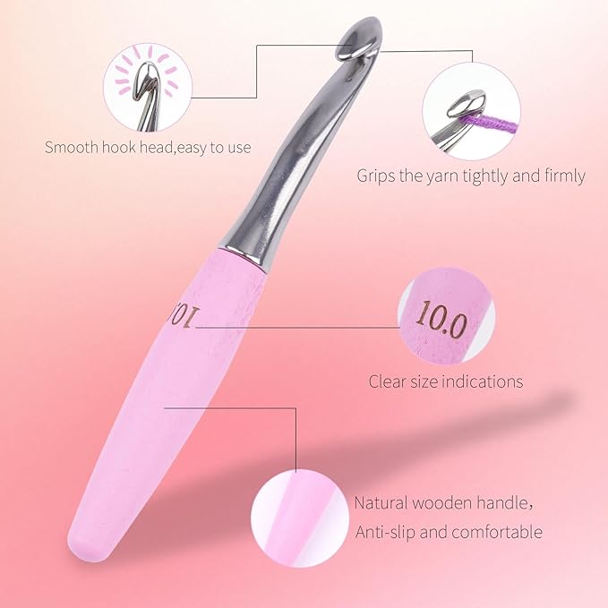 Crochet Hooks 10mm Crochet Hook Soft Lightweight Wood Ergonomic Handle and Stainless Steel Crochet Needles Tip (10 mm-N)