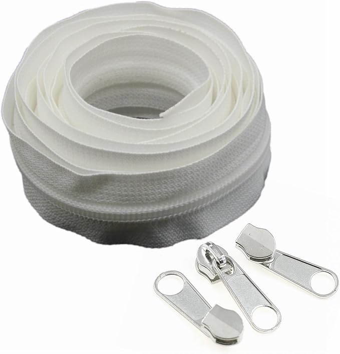 Leekayer #5 White Nylon Coil Zippers by The Yard Bulk 10 Yards with 25pcs Silver Sliders for DIY Sewing Tailor Craft Bag(White)