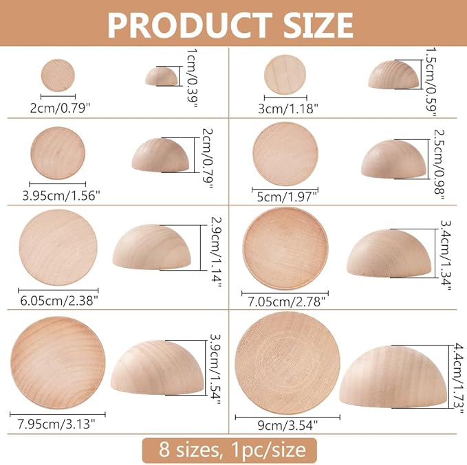 BENECREAT 8Pcs 8 Sizes Half Round Pottery Tools Set, Wooden Ceramic Top Tool Clay Tools Pottery Plate Press Tool for Making Pottery Bowls and Plates