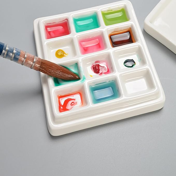 12 Wells Ceramic Palette with Covers Porcelain Paint Palette Mixing Tray for Painting Watercolor Gouache Arts & Crafts Accessories Organizer Mixing Colors