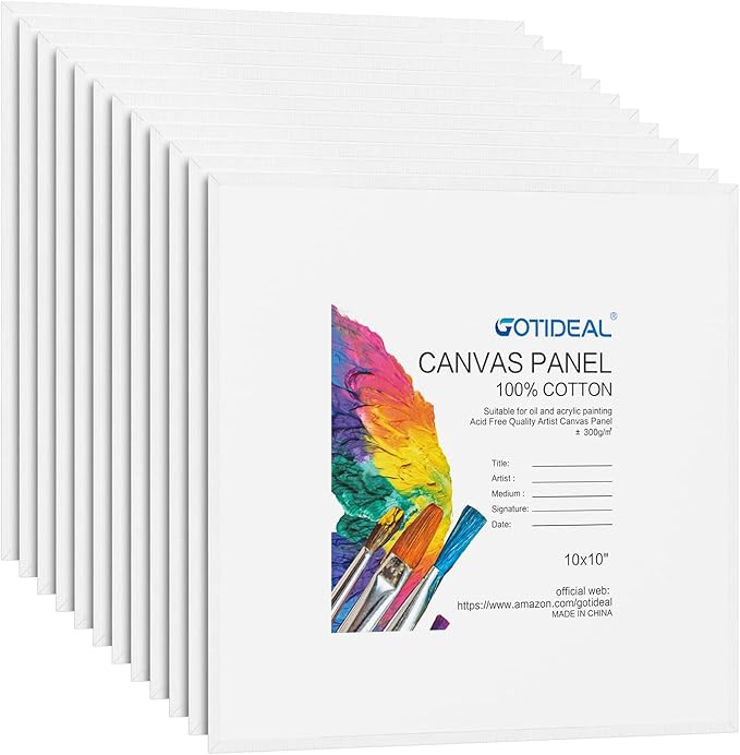 GOTIDEAL Canvases for Painting, 10x10 inch of 12 Pack, Professional Primed White Blank Flat Canvas Panels- 100% Cotton Artist Canvas Boards for Acrylics Painting, Oil Watercolor Tempera