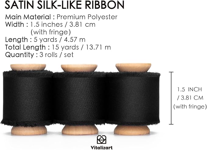Vitalizart Black Silk Satin Ribbon 1-1/2 Inch x 15 Yard Wooden Spool Handmade Frayed Ribbons for Gift Wrapping Baby Shower Wedding Bridal Bouquets Holiday Decor