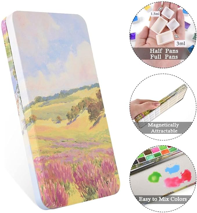 Portable Watercolor Paint Palette with Tins, Lightweight 28Empty Pans with Magnetic Squares, Metal Watercolor Palette for Travel, Acrylics Painting and Art, Paint Tray Palettes 12Full+16Half Pans