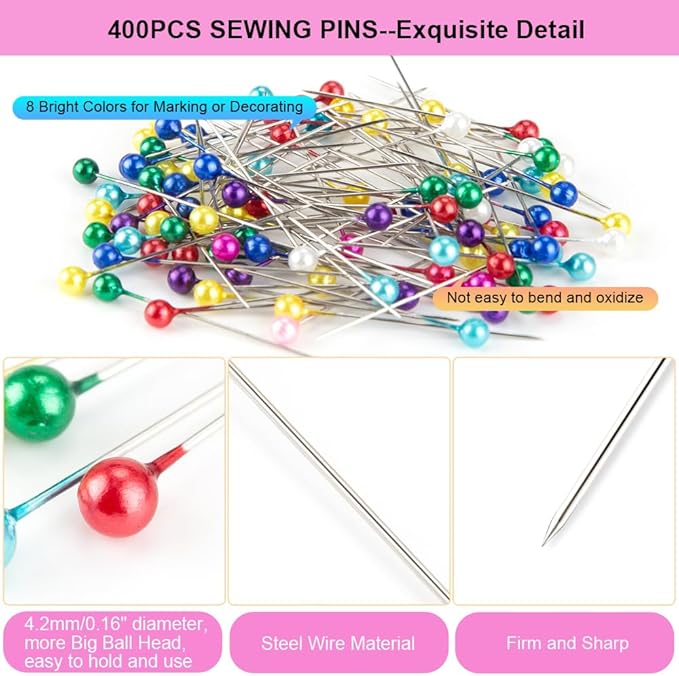50Pcs Sewing Clips & 400PCS Sewing Pins with Box, Assorted Colors Quilting Clips Fabric Clips for Sewing Quilting Supplies Crafting Tools, Straight Pins with Colored Pearlized Ball Heads Long 1.6inch