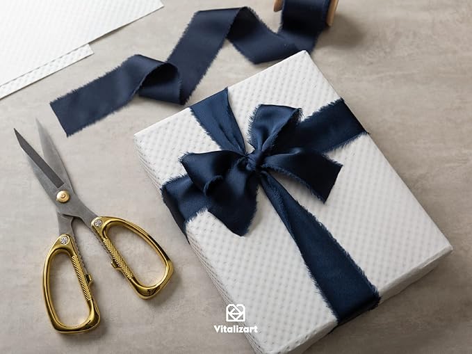 Vitalizart Navy Blue Ribbon Silk Satin 1-1/2 inch x 15 Yard Navy Blue Handmade Frayed Ribbons for Gift Wrapping Baby Shower Wedding Bridal Bouquets Holiday Decor