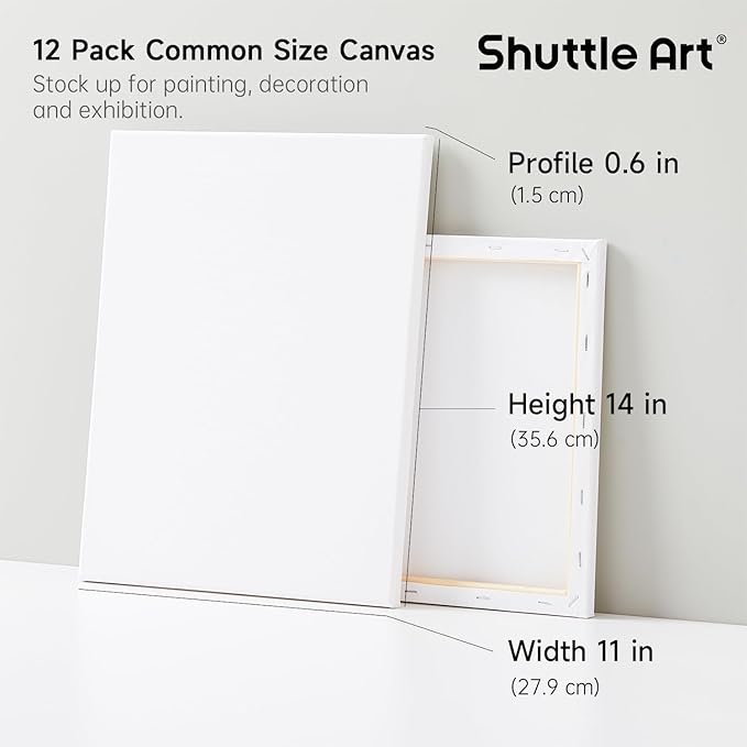 Shuttle Art Canvas for Painting, 12-Pack 11x14 Inch Stretched Canvas, 100% Cotton, Primed White Premium Blank Canvases, Ideal Art Supplies for Beginners Artists Acrylic Oil Acrylic Pouring