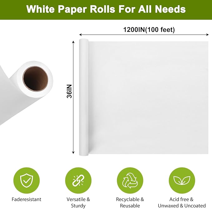 Moretoes 36" x 1,200"(100') White Wrapping Paper Roll, Kraft Packing Paper Roll for Gift Wrapping Craft Bulletin Board Banner Art Bouquet Flower Packing Moving Shipping 75GSM