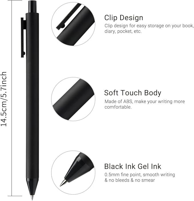 Kaco Gel Pens Black 0.5mm Fine Point 10 Pieces Retractable Aesthetic Pens Office Supplies (10 Black)