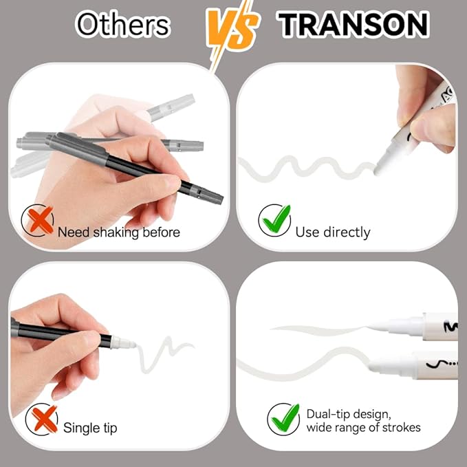 TRANSON 8 Pack White Brush and Bold Dual-tip Acrylic Paint Marker for DIY Glass Canvas Wood Leather Ceramic Rock Painting