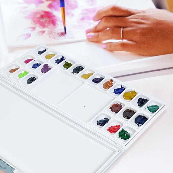 Falling in Art Airtight Leak-Proof Watercolor Palette, 24 Slightly Sloping Wells-3 Mixing Areas, 12 3/5 Inches by 6 2/7 Inches
