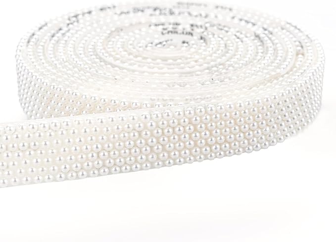 Novani Self Adhesive Pears Ribbon 1 Roll - 3 Yards Beige Pearls Crystal Diamond Bling Strips Glitter Resin Ribbon for Crafting Home DIY Decoration（Beige,0.78 Inch,3Y）