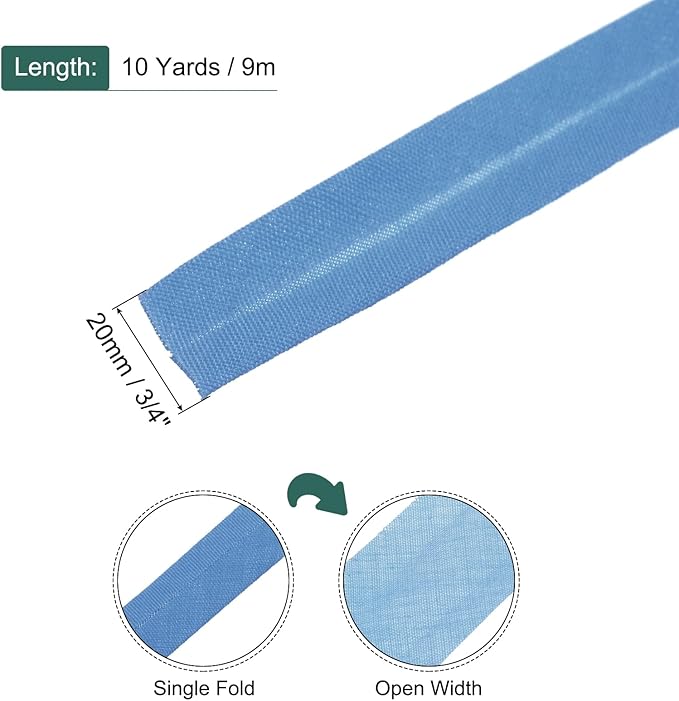 MECCANIXITY 3/4 Inch Single Fold Bias Tape Polyester Continuous Bulk Bias Tape for Sewing, Seaming Quilting Hemming Binding Crafts (Blue 10 Yards)