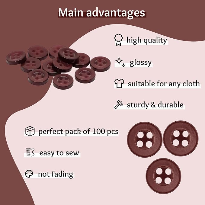 100 Pcs Wine Sewing Buttons 16L (10mm) 4 Hole Round 0.4 inch Button Plastic Red Brown Bulk Standard Shirt Front Ideal for Pants Blouse Shirt Dress Skirt Shorts Decorative DIY Arts