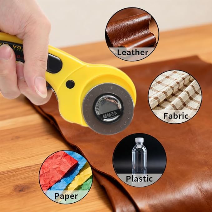 Rotary Cutter for Fabric, 45mm and 28mm Rotary Cutters Kit with Extra 10 Blades, Ergonomic Rolling Cutter with Safety Lock, Suitable for Leather, Crafting, Sewing, and Quilting Fabric (Yellow)