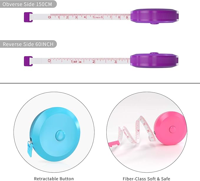 DiCUNO 60-Inch 1.5 Meter Soft and Retractable Tape Body Tailor Sewing Craft Cloth Dieting Measuring Tape (3 Pcs of Purple Sky-Blue Cherry-Pink with Soft Tape)