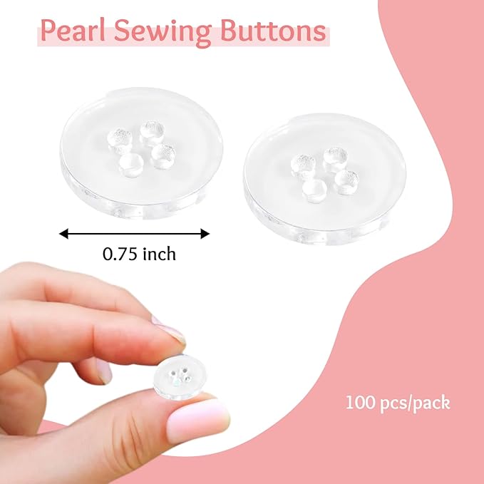 Clear Buttons Pack of 100 3/4" (19 mm) Transparent Sewing Buttons 0.75 inch 4 Hole 30L Round Bulk Crafts Replacement Large Plastic Button for Dress Pants Shirt Skirt Blouse Decorative Craft DIY