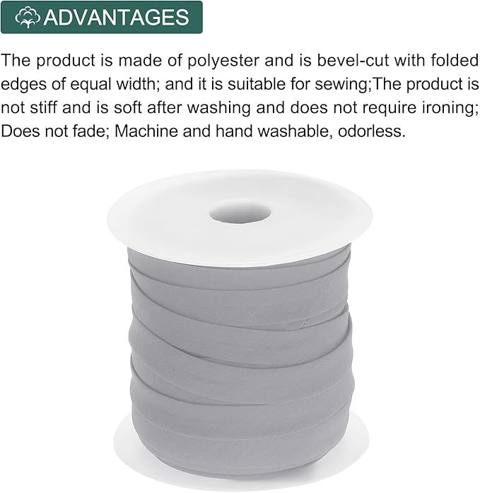 MECCANIXITY 1/2 Inch Single Fold Bias Tape Polyester Continuous Bulk Bias Tape for Sewing,Seaming Quilting Hemming Binding Crafts (Gray 50 Yards)