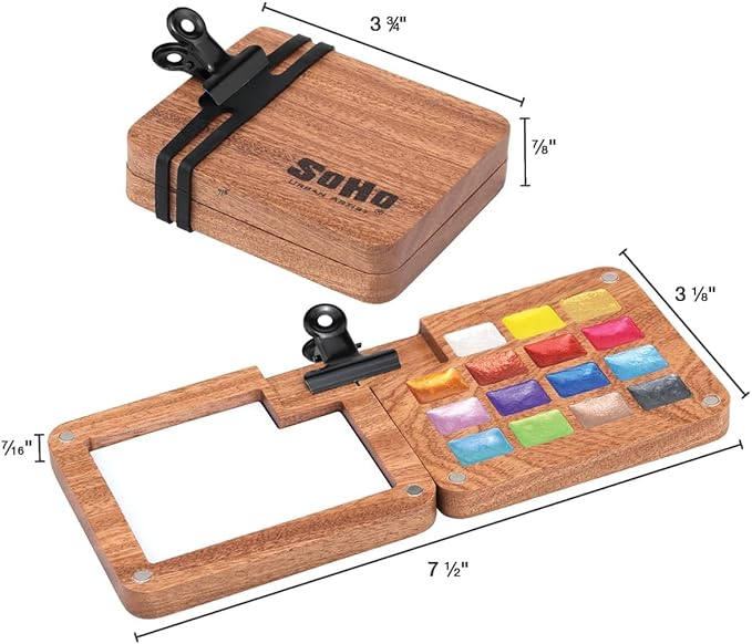 Soho Urban Artist Mini Wooden Travel Watercolor Palette of 15 Metallic Colors - Professional Watercolor Paint Set for Plein Air Artists, Semi-Moist Pans, Pocket