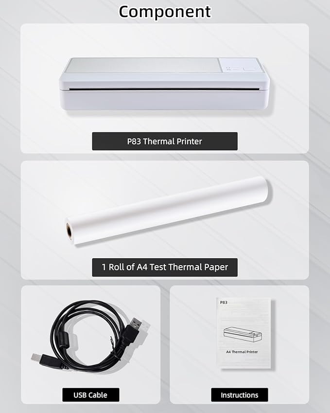 A4 Wireless Thermal Printer, Portable Bluetooth Printer, Support Multi-Size Thermal Paper, Compatible with Android and iOS Phone & PC, 300DPI Inkless Printer for Travel, Office, School