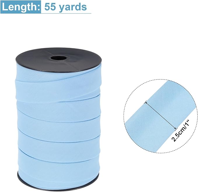 MECCANIXITY 1 Inch Double Fold Bias Tape Polyester Continuous Bulk Bias Tape for Sewing,Seaming Quilting Hemming Binding Crafts (Light Blue 55 Yards)
