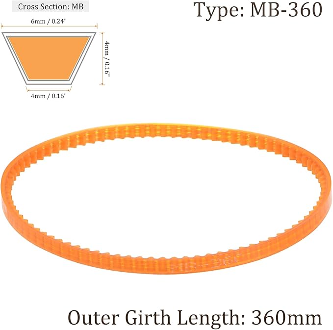 Kozelo 2Pcs MB360 Standard Sewing Machine Motor Belts - [360mm Girth x 4mm Thickness ] Polyurethane Motor Drive V-Belt for Household Electric Sewing Machine Use, Single Tooth, Orange