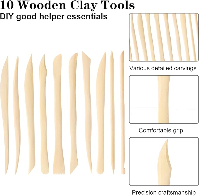 10Pcs Wooden Clay Sculpting Tools, 6.2'' Smooth Double Ended Clay Modeling Tools, Polymer Clay Tools Sculpting, Wood Pottery Clay Tool Kit for Ceramics Soap Playdough Carving Supplies