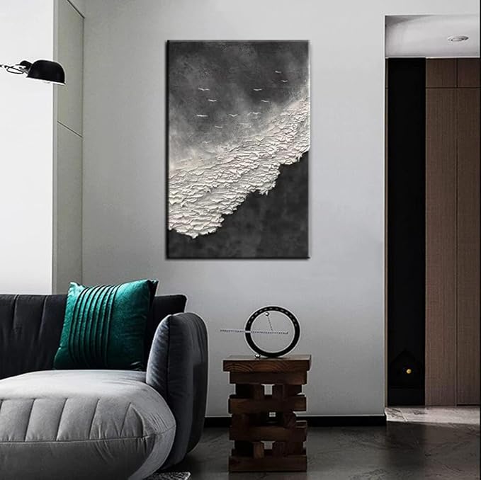 YaSheng Art - Thick Texture Abstract Oil Painting Hand-Painted sea wave Black and White Wall Art Minimalist modern Art Paintings Home Living room Room Dining Room Bedroom Wall Decorative Art Oil Painting 24x36inch