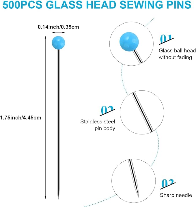 500PCS Straight Pins, Glass Head Sewing Pins, 1.75IN Corsage Pin, Quilting Pins for Fabric, Wedding Bouquets, Jewelry DIY Decoration, Sewing Pin Crafts