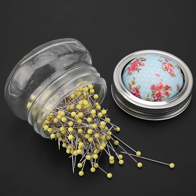 Haosie Pin Cushions for Sewing, 200PCS Sewing Pins with Glass Bottle and Pin Cushion Lid, Ball Head Straight Pins Quilting Pin Cushion Kit
