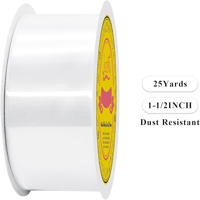 Double Face White Satin Ribbon 1-1/2 inch X 25 Yards Polyester White Ribbon for Gift Wrapping Very Suitable for Weddings Party Hair Bow Invitation Decorations and More