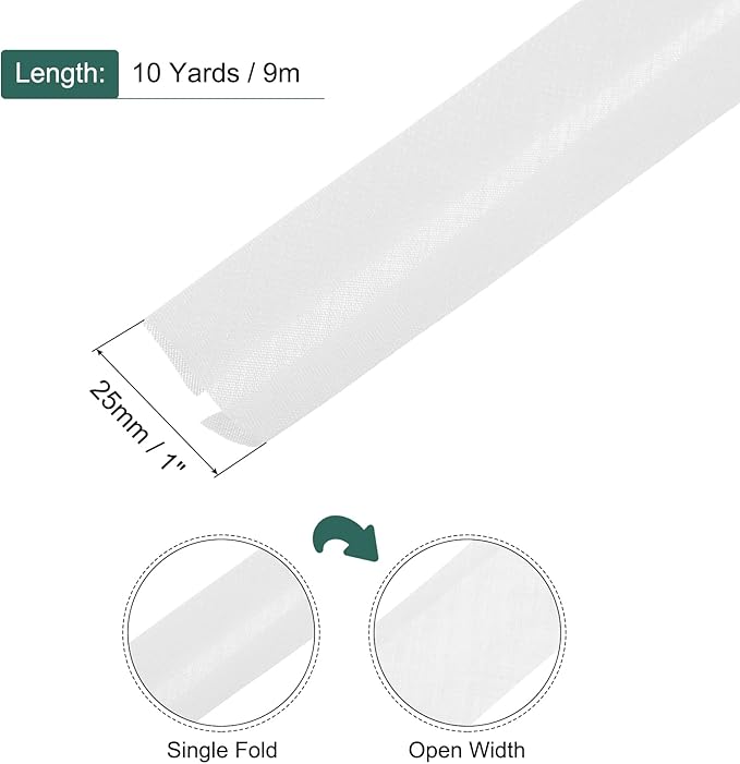 MECCANIXITY 1 Inch Single Fold Bias Tape Cotton Continuous Bulk Bias Tape for Sewing,Seaming Quilting Hemming Binding Crafts (White 10 Yards)