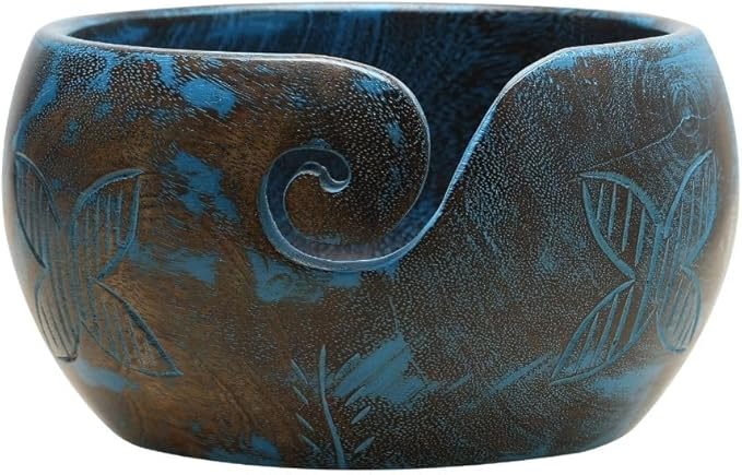 Large Wooden Blue Yarn Bowl for Crocheting - Crochet Holder (7x4) - Knitting Yarn Ball Storage - Crafting Christmas Gifts for Women, Gifts for Moms, Birthday