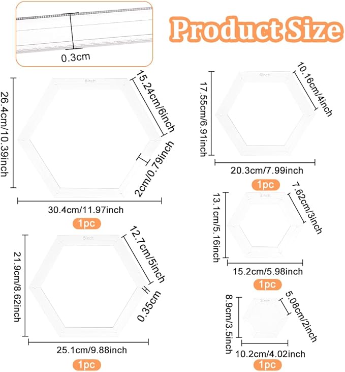 BENECREAT 5 Sizes Hexagon Quilting Template, Acrylic Intricate Sewing Machine Ruler with 0.14Inch Hole for DIY Hand Patchwork Craft