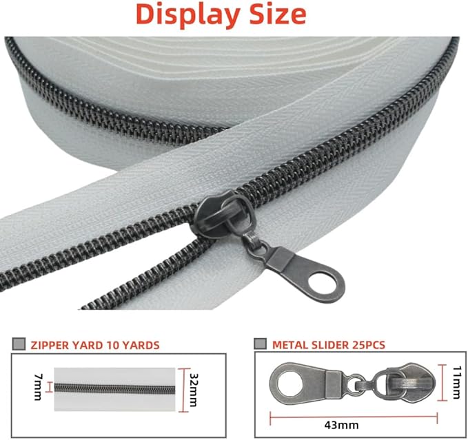 MebuZip #5 Gunmetal Metallic Nylon Coil Zippers by The Yard Bulk Coil Zipper Roll 10 Yards with 25pcs Pulls for DIY Sewing Craft Bags (White)