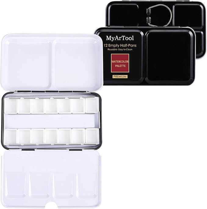 MYARTOOL Watercolor Tin Palette, Metal Empty Paint Case with 12 PCS Empty Half Pans for DIY Travel Watercolor Palette, Acrylic and Oil Painting