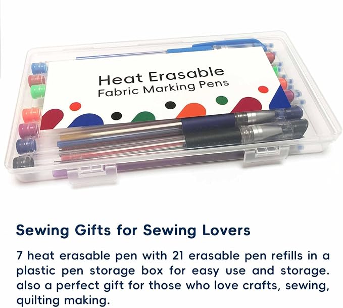 Jauisus 7 Color Heat Erasable Pens for Sewing with 21 Refills, 0.5mm Heat Erasable Fabric Marking Pens for Dressmaking, Embroidery, Quilting Gifts