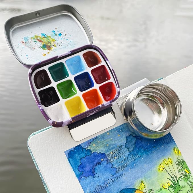 Portable Mini Tin Box 12-Well Empty Watercolor Palette Paint Mixing Tray is a Small Storage Travel Kit with Magnetic Clip and Oil Pot,Making it Perfect for Outdoor Sketching and DIY Painting.Cats