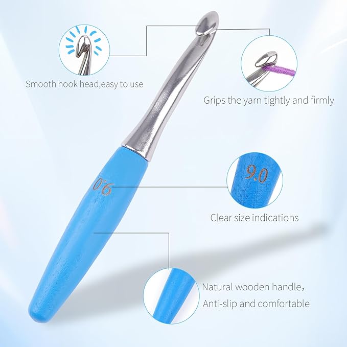 Crochet Hooks 9mm Crochet Hook Soft Lightweight Wood Ergonomic Handle and Stainless Steel Crochet Needles Tip (9 mm-M)