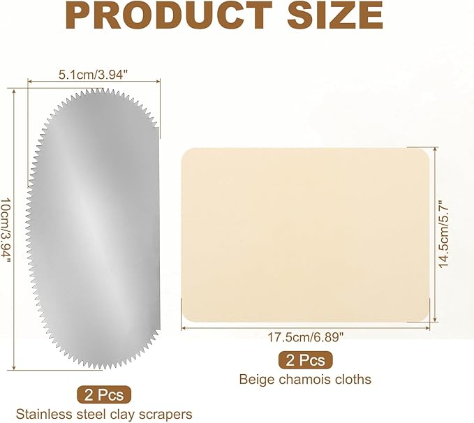 YOKIVE 2Pcs Steel Pottery Tools, Serrated Scraper Clay Ribs 3.94" x 2" Stainless Steel Sculpture Modeling Cutter Ceramic Tools with 2 Beige Chamois Cloth