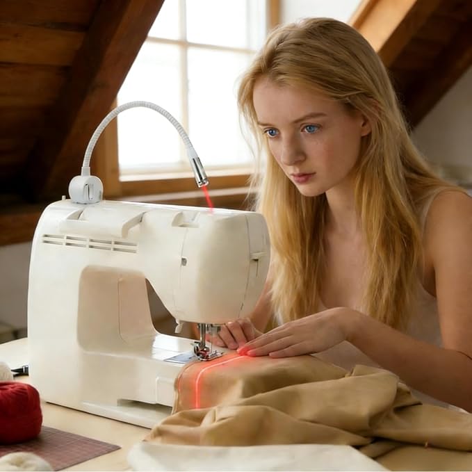 Magnetic Positioning Quilting Light for Sewing Machine, USB & Plug in Red Guide Line Tool with Dot/Straight Line/Crosshair Projection, LED Vision Guide with Bendable Arm (USB, Straight)