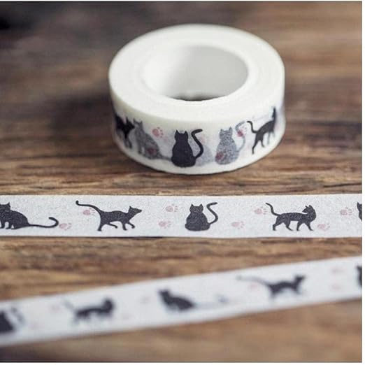 2Pcs Black Cat Kawaii Washi Decoration Cat and Masking Tape - 1.5cm*10m for DIY Scrapbooking, Crafts and Planners