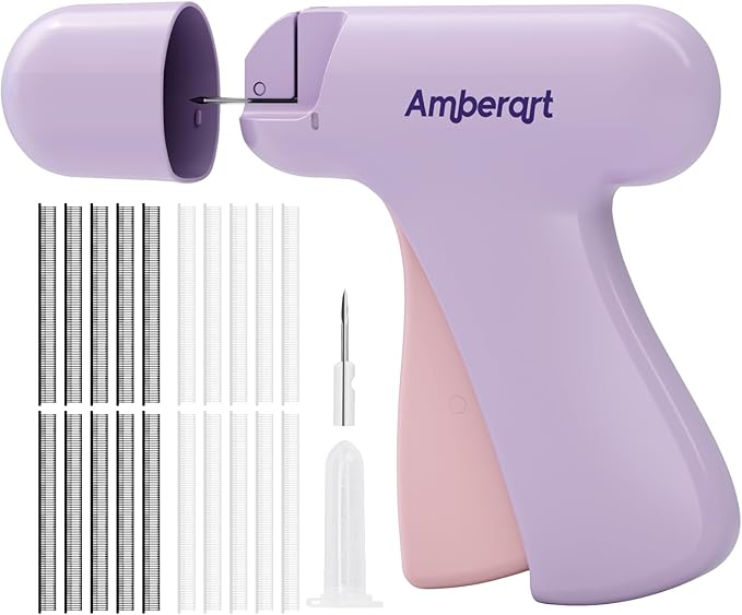 Stitch Gun for Clothes, Handheld Quick Clothing Fixer, Mini Sewing Kit, Tag Gun Includes 2 Needles, 1000 Black Fasteners & 1000 White Fasteners (Purple)