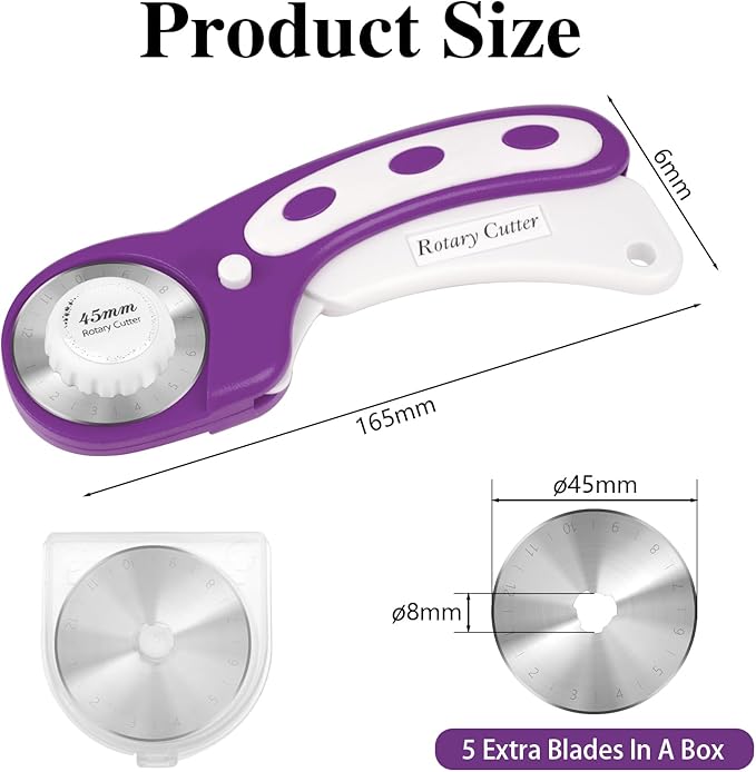 45mm Rotary Cutter for Fabric, Fabric Cutters with 5pcs Extra Rotary Blades, Roller Cutter Set for Sewing, Quilting, Leather & Craft Projects (Purple)