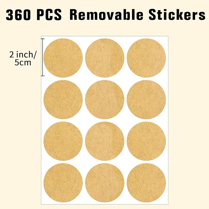 2" Round Large Colored Removable Stickers Labels - Kraft,Pack of 360