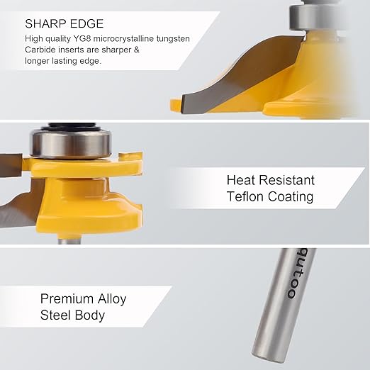 Exqutoo 3PCS 1/4" Shank Router Bit Set, Raised Panel Cabinet Door Making Router Bits, Cemented Carbide Router Bits, Woodworking Tools Router Door & Window Bits (Tenon Joint Cutter Diameter: 1-3/4")