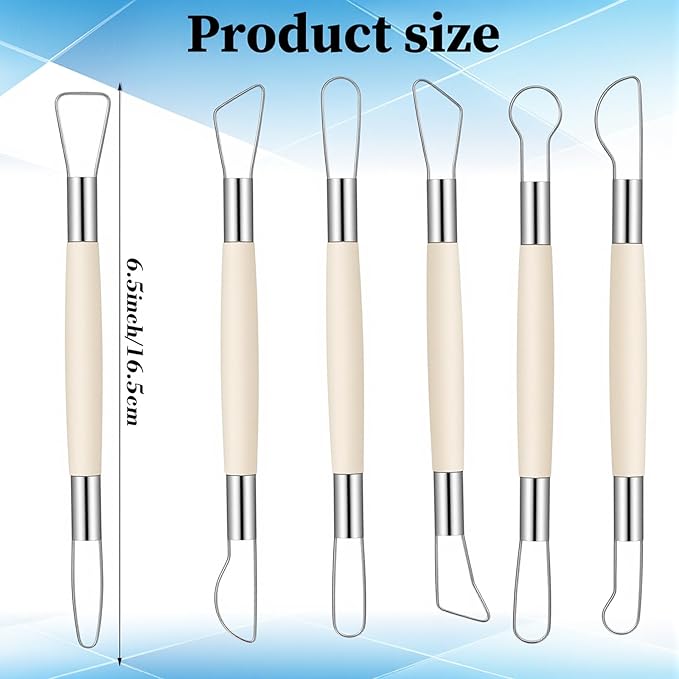 6PCS Double-Sided Clay Sculpting Tool, Wooden Handle Pottery Trimming Tool, Pottery Clay Sculpting Tools， Clay Wire Loop Sculpture Kit for Ceramic and Wax Carving