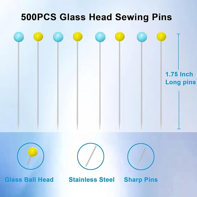500 PCS Straight Pins, 1.75IN Sewing Pins Long Glass Ball Head Quilting Pins for Fabric, Stainless Steel Dressmaker for Sewing, Crafts, Jewelry Making, DIY(Yellow and Blue)