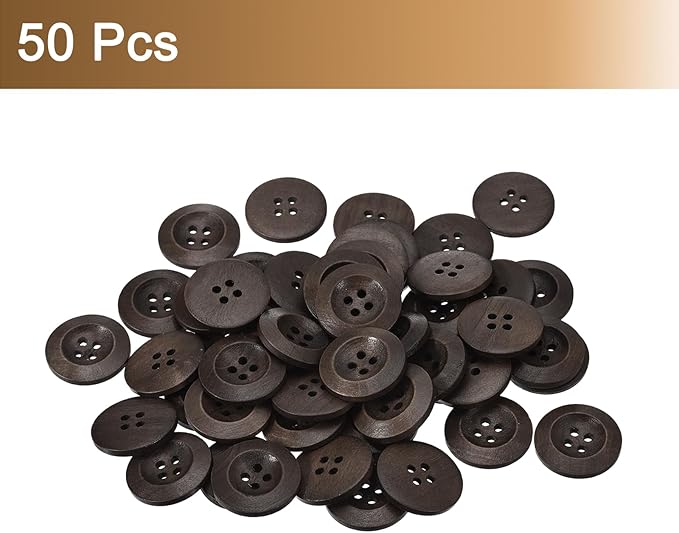 uxcell 50Pcs Wooden Buttons, 28mm(1 1/8") 4 Hole Round Wood Sewing Button Craft for Sewing DIY Craft Clothing, Dark Brown