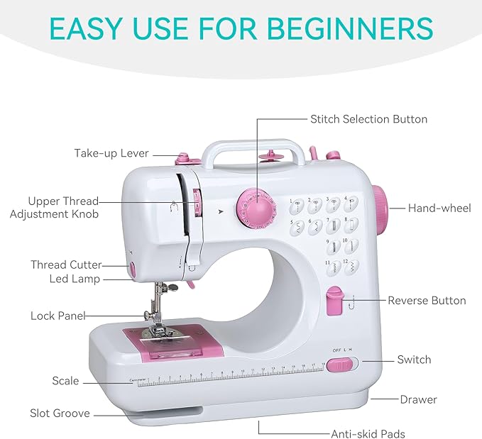 Mini Sewing Machine for Beginners, Portable Electric Sewing Machine with Dual Speed, 12 Built-in Stitches, Foot Pedal, and Accessories Kit for Home DIY Projects & Gift, Pink
